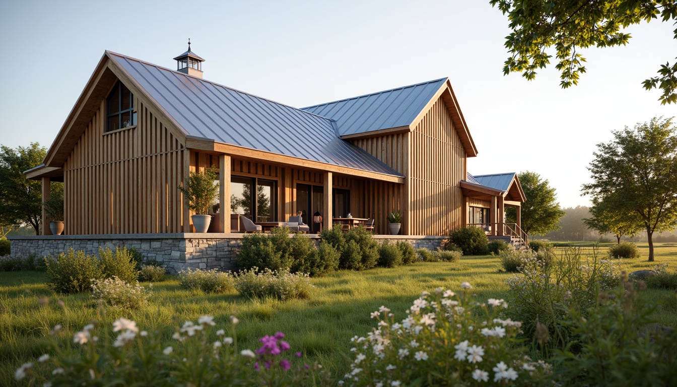 Prompt: Rustic barn, modern farmhouse, wooden accents, metal roofing, vertical boards, sliding glass doors, minimalist decor, natural stone foundation, lush greenery, wildflowers, rural landscape, sunny afternoon, soft warm lighting, shallow depth of field, 3/4 composition, panoramic view, realistic textures, ambient occlusion.