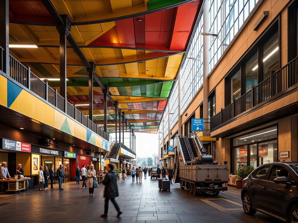 Prompt: Vibrant train station, expressionist architecture, bold geometric shapes, dynamic curves, abstract patterns, bright primary colors, metallic materials, industrial textures, grand entrance hall, sweeping staircases, ornate railings, vintage luggage carts, nostalgic signage, steam engine displays, urban cityscape, busy streets, morning rush hour, warm golden lighting, shallow depth of field, 1/2 composition, cinematic view, realistic reflections, ambient occlusion.