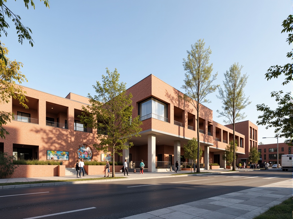 Prompt: Brick community center, structuralist architecture, brutalist concrete fa\u00e7ade, geometric patterns, angular lines, minimalist design, functionalism emphasis, open public spaces, vibrant street art, urban landscape, sunny day, soft warm lighting, shallow depth of field, 3/4 composition, panoramic view, realistic textures, ambient occlusion.