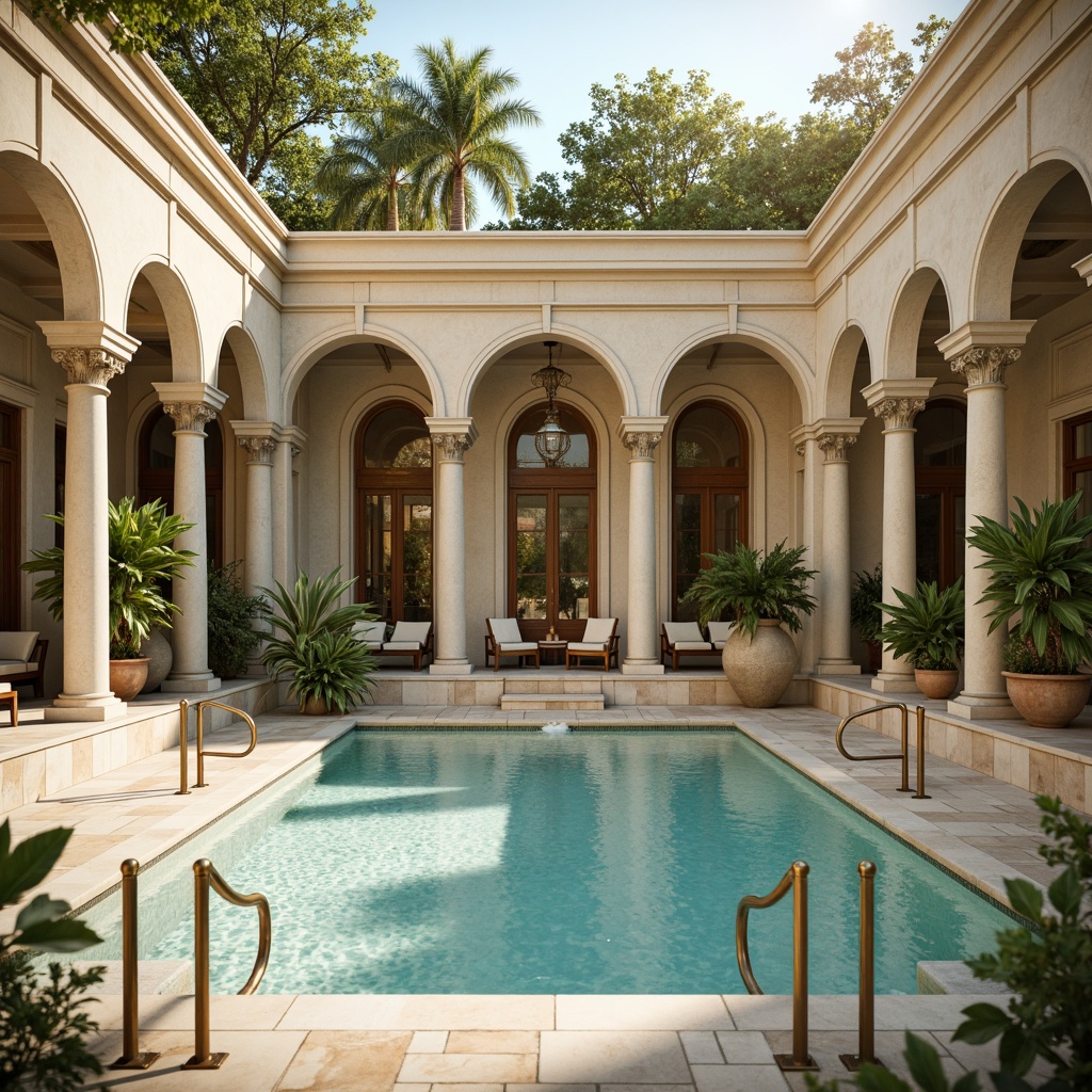 Prompt: Elegant neoclassical swimming pool, soft cream marble, warm beige stone, ornate bronze fixtures, subtle turquoise water, lush greenery surroundings, majestic columns, grand archways, refined stucco walls, ornamental fountains, tranquil ambiance, warm golden lighting, shallow depth of field, 1/2 composition, symmetrical framing, realistic textures, ambient occlusion.