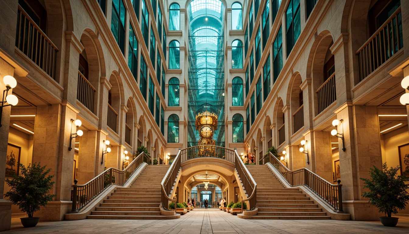 Prompt: Grandiose skyscraper, Romanesque arches, vibrant turquoise accents, warm beige stone walls, ornate golden details, intricate carvings, majestic clock towers, grand staircases, luxurious marble floors, lavish chandeliers, dramatic spotlights, warm ambient lighting, cinematic composition, high contrast ratio, deep depth of field, 1/2 composition, symmetrical framing, realistic textures, atmospheric fog effects.