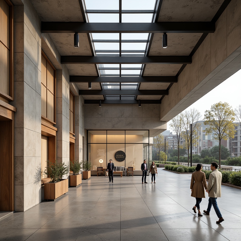 Prompt: Minimalist visitor center, natural stone walls, polished concrete floors, wooden accents, industrial metal beams, large glass windows, transparent roofs, open spaces, simple signage, subtle branding, earthy color palette, soft diffused lighting, shallow depth of field, 1/1 composition, realistic textures, ambient occlusion.