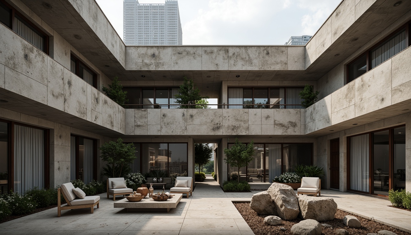 Prompt: Rustic brutalist architecture, exposed concrete walls, rough stone textures, metallic accents, industrial materials, minimalist decor, functional design, urban cityscape, overcast sky, dramatic shadows, high-contrast lighting, 1/1 composition, symmetrical framing, abstract geometric patterns, monochromatic color scheme, weathered steel beams, raw wood elements, distressed finishes, brutalist sculptures, avant-garde art installations.