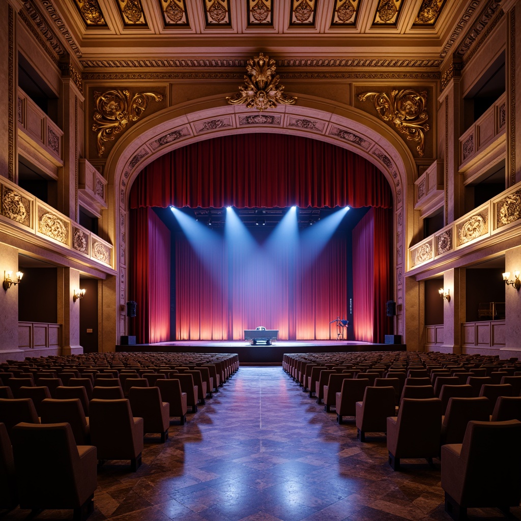 Prompt: Grand auditorium, ornate facade, intricate stone carvings, sweeping arches, grand entrance, polished marble floors, luxurious velvet curtains, golden accents, dramatic spotlights, tiered seating, acoustic panels, soundproofing materials, minimalist decor, modern LED lighting, dynamic color changing effects, 3/4 composition, shallow depth of field, realistic textures, ambient occlusion.