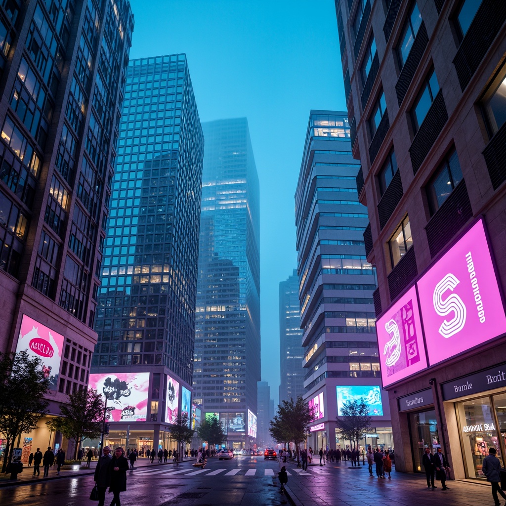 Prompt: Neon-lit skyscrapers, iridescent glass facades, metallic silver accents, holographic advertisements, luminescent LED lights, electric blue hues, vibrant pink neon signs, sleek chrome details, futuristic urban landscapes, cyberpunk cityscapes, dystopian alleys, retro-futuristic nostalgia, atmospheric mist effects, cinematic lighting, high-contrast shadows, 3/4 composition, symmetrical architecture, geometric patterns, abstract shapes, avant-garde design elements.