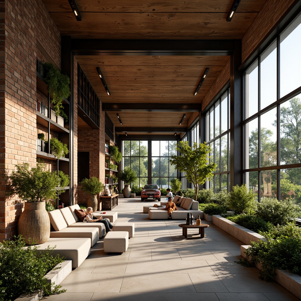 Prompt: Exposed brick walls, reclaimed wood accents, industrial metal beams, organic curved lines, earthy color palette, natural stone flooring, lush greenery, living walls, modern minimalist decor, cozy reading nooks, floor-to-ceiling windows, soft warm lighting, shallow depth of field, 3/4 composition, panoramic view, realistic textures, ambient occlusion.