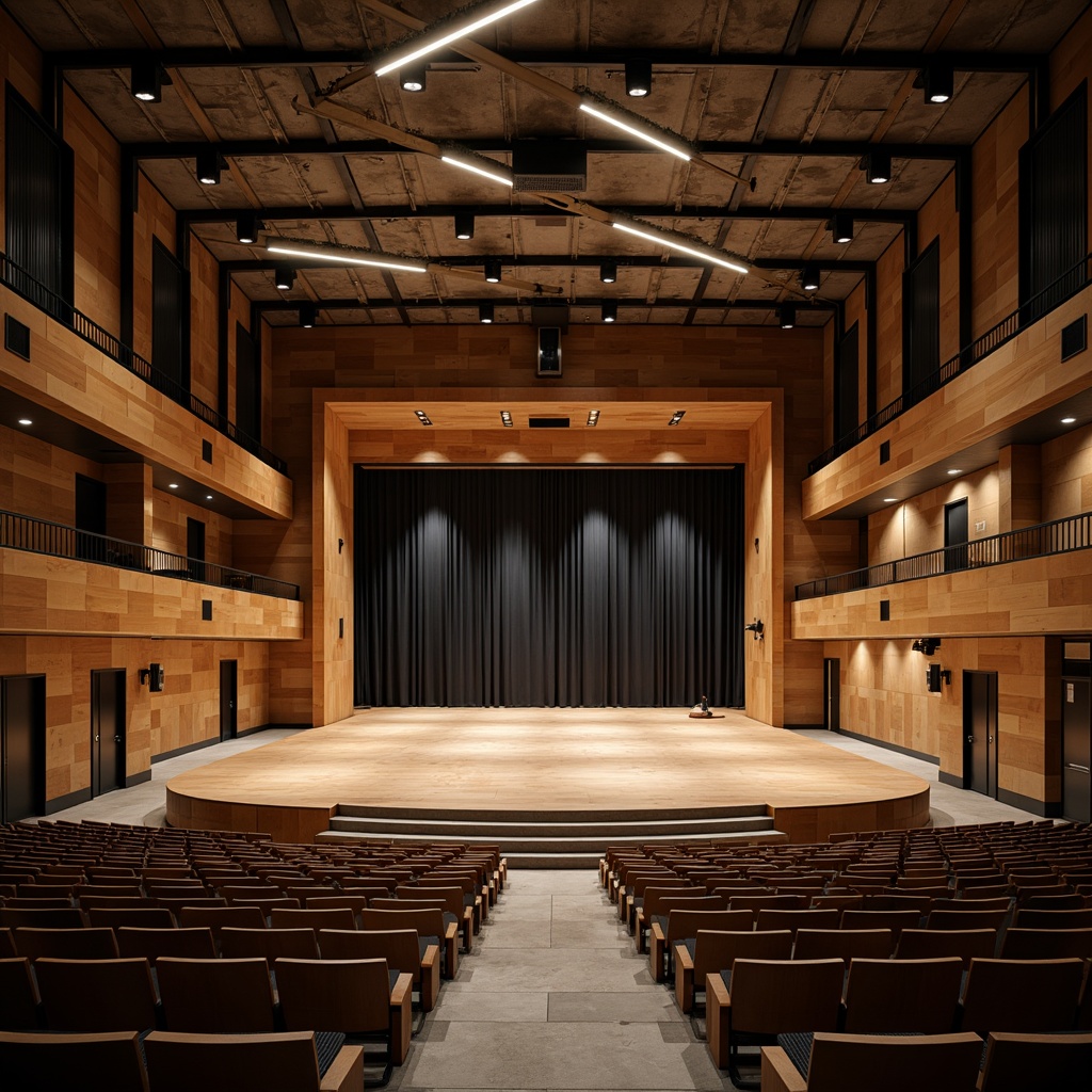 Prompt: Bauhaus-style auditorium, minimalist interior design, rectangular shape, industrial materials, exposed ductwork, concrete floors, steel beams, wooden accents, geometric patterns, functional lighting, suspended acoustic panels, sound-absorbing materials, tiered seating, curved balconies, grand stage, dramatic spotlights, warm color scheme, intimate atmosphere, 1/2 composition, low-angle shot, soft focus, ambient occlusion.