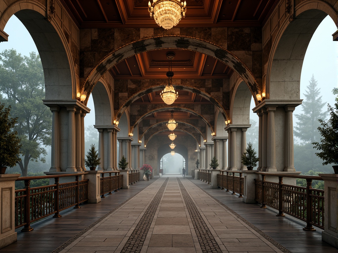 Prompt: Ornate Baroque bridge, rustic stone arches, intricately carved balustrades, polished bronze railings, ornamental lanterns, weathered copper roofing, distressed wooden decking, rich velvet draping, gilded accents, lavish crystal chandeliers, soft warm lighting, misty atmospheric effects, shallow depth of field, 1/2 composition, cinematic view, realistic textures, ambient occlusion.