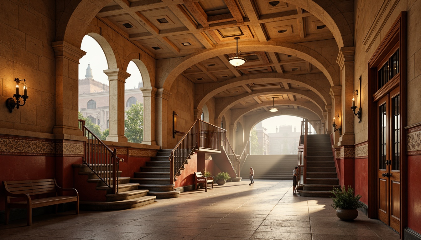 Prompt: Earth-toned metro station, Romanesque arches, ornate stone carvings, warm beige walls, terracotta red accents, rich brown wood tones, vintage metal fixtures, intricate mosaics, grand staircases, high ceilings, soft warm lighting, atmospheric fog effects, shallow depth of field, 1/2 composition, realistic textures, ambient occlusion.