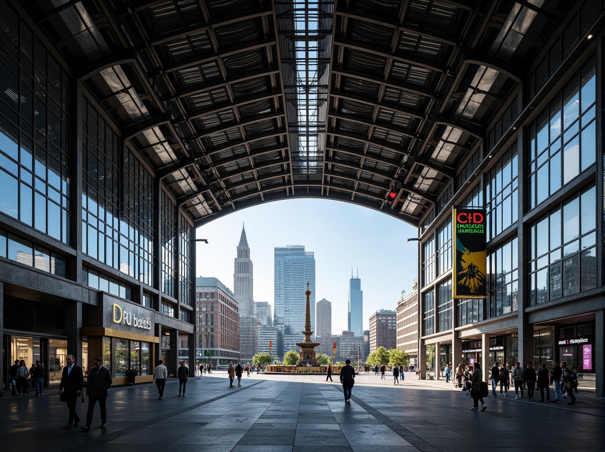 Prompt: Modern train station, steel framework, industrial aesthetic, exposed ductwork, metallic beams, sleek columns, high ceilings, grand entrance, bustling atmosphere, natural light pouring in, urban landscape, city skyline, busy streets, pedestrian traffic, vibrant advertisements, LED displays, futuristic ambiance, dynamic lighting, shallow depth of field, 1/2 composition, wide-angle lens, realistic reflections, ambient occlusion.