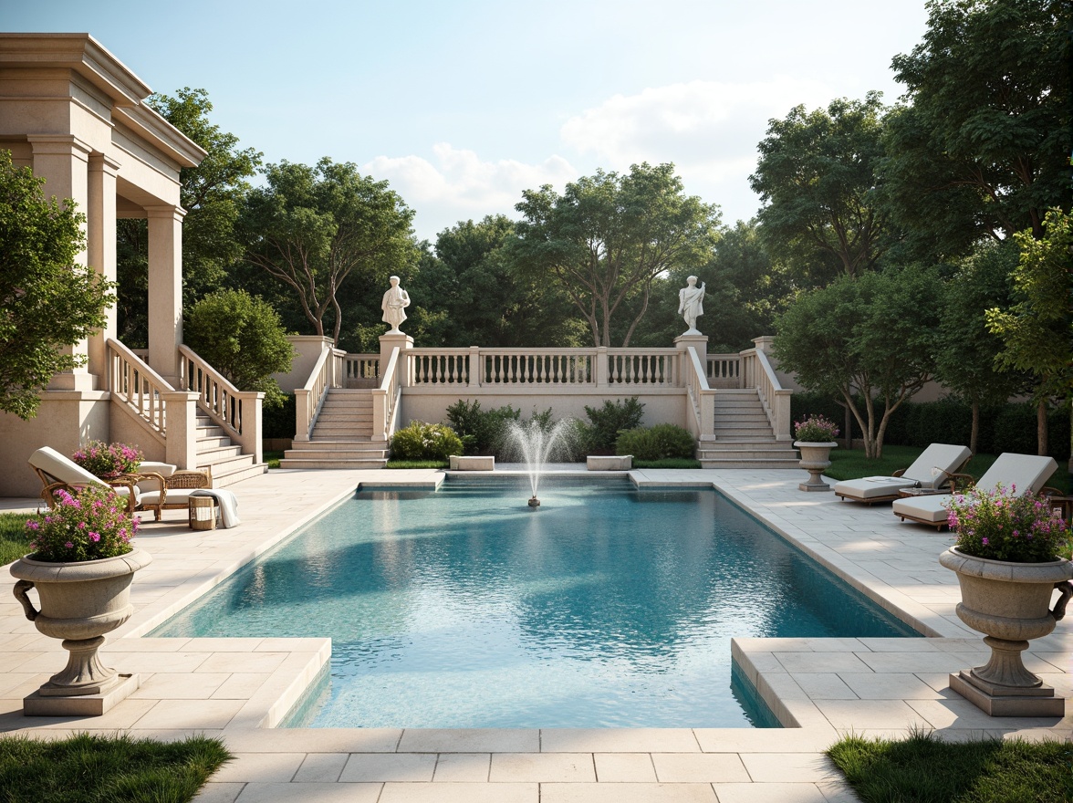 Prompt: Elegant neoclassical swimming pool, symmetrical layout, ornate fountains, grand staircases, limestone coping, travertine decking, manicured lawns, topiary trees, classical statues, urns with floral arrangements, soft warm lighting, shallow depth of field, 1/1 composition, realistic water textures, ambient occlusion, serene atmosphere, sunny day, clear blue sky, subtle misting systems.