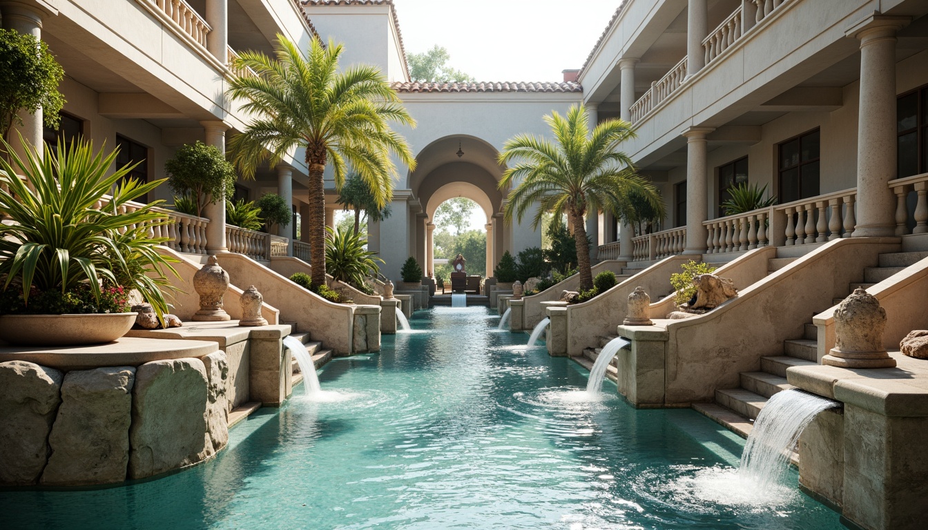 Prompt: Grandiose swimming pool, ornate fountains, majestic waterfalls, symmetrical staircases, elegant balustrades, refined stone carvings, classical columns, arched windows, soft turquoise water, lush greenery surroundings, natural rock formations, subtle misting systems, warm golden lighting, shallow depth of field, 1/2 composition, realistic textures, ambient occlusion.