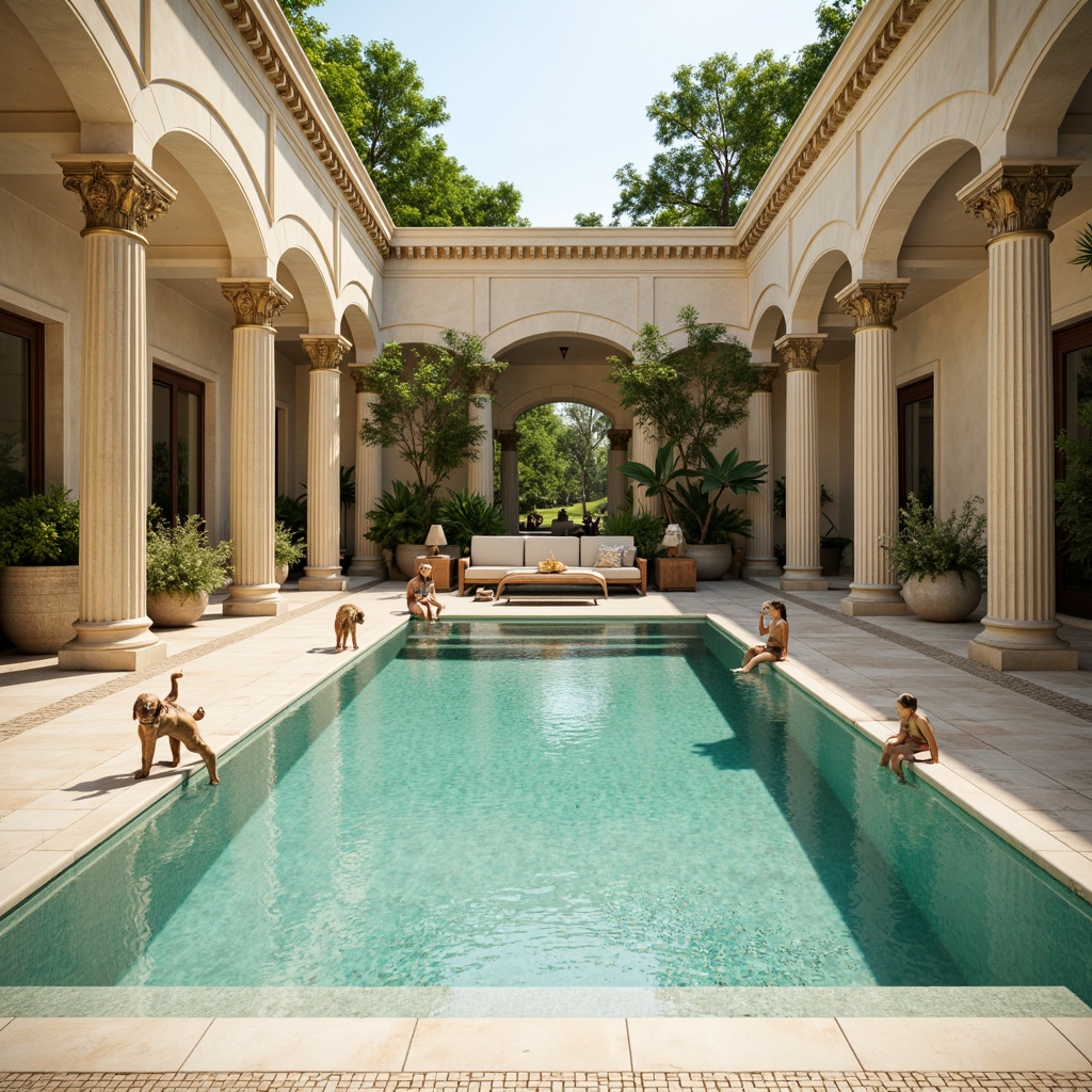 Prompt: Elegant neoclassical swimming pool, soft cream marble, ornate bronze fixtures, turquoise water, subtle gradient shading, warm golden lighting, symmetrical composition, classical columns, intricate moldings, ornamental fountains, lush greenery surroundings, sunny day, shallow depth of field, 1/2 composition, realistic textures, ambient occlusion.