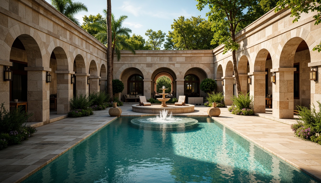 Prompt: Romanesque swimming pool, natural stone walls, ornate carvings, grand archways, turquoise water, gentle ripples, central fountain, splashing water features, lush greenery, surrounding columns, rustic lanterns, warm sunny day, soft golden lighting, shallow depth of field, 1/1 composition, symmetrical view, realistic textures, ambient occlusion.