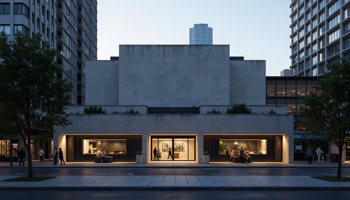 Prompt: Simple theater facade, minimalist architecture, clean lines, monochromatic color scheme, rectangular shapes, flat roofs, large glass windows, sliding doors, industrial materials, exposed concrete walls, subtle lighting, dramatic shadows, urban cityscape, evening atmosphere, soft box lights, 1/1 composition, realistic textures, ambient occlusion.