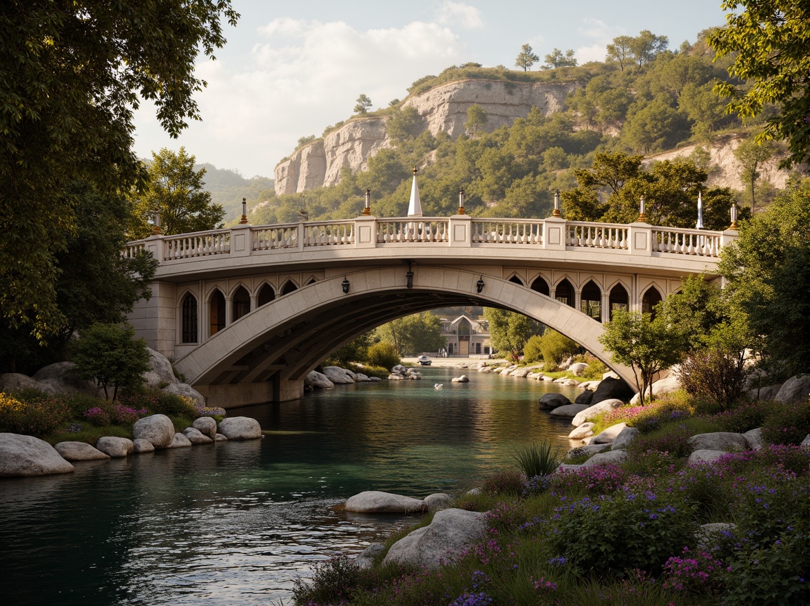 Prompt: Ornate bridge, grandiose arches, intricately carved stone balustrades, gilded accents, ornamental lanterns, majestic river views, serene water reflections, lush greenery, vibrant flowers, natural stone piers, decorative iron railings, sweeping curves, dramatic lighting, warm golden tones, high contrast shadows, 1/2 composition, atmospheric perspective, realistic textures, ambient occlusion.