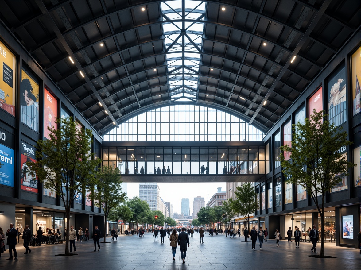 Prompt: Modern train station, steel framework, industrial aesthetic, exposed ductwork, metallic beams, sleek columns, high ceilings, grand entrance, bustling atmosphere, natural light pouring in, urban landscape, city skyline, busy streets, pedestrian traffic, vibrant advertisements, LED displays, futuristic ambiance, dynamic lighting, shallow depth of field, 1/2 composition, wide-angle lens, realistic reflections, ambient occlusion.