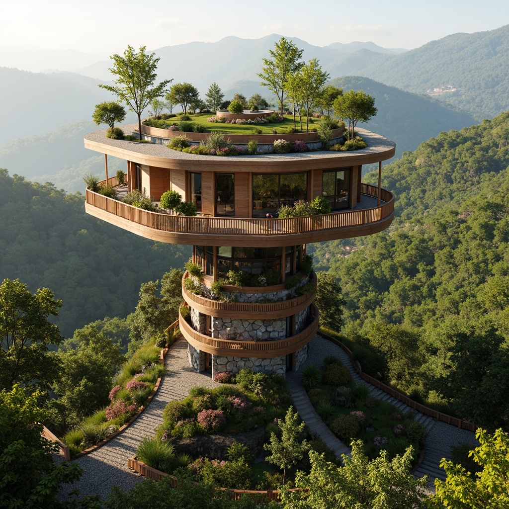 Prompt: Elevated watching tower, harmonious blend with nature, lush greenery, native plants, bird's-eye view, panoramic scenery, wooden decking, rustic railings, earthy tones, natural stone foundation, curved lines, organic shapes, sustainable materials, energy-efficient systems, solar panels, wind turbines, rainwater harvesting, green roofs, living walls, vibrant wildflowers, serene atmosphere, soft warm lighting, shallow depth of field, 3/4 composition, realistic textures, ambient occlusion.