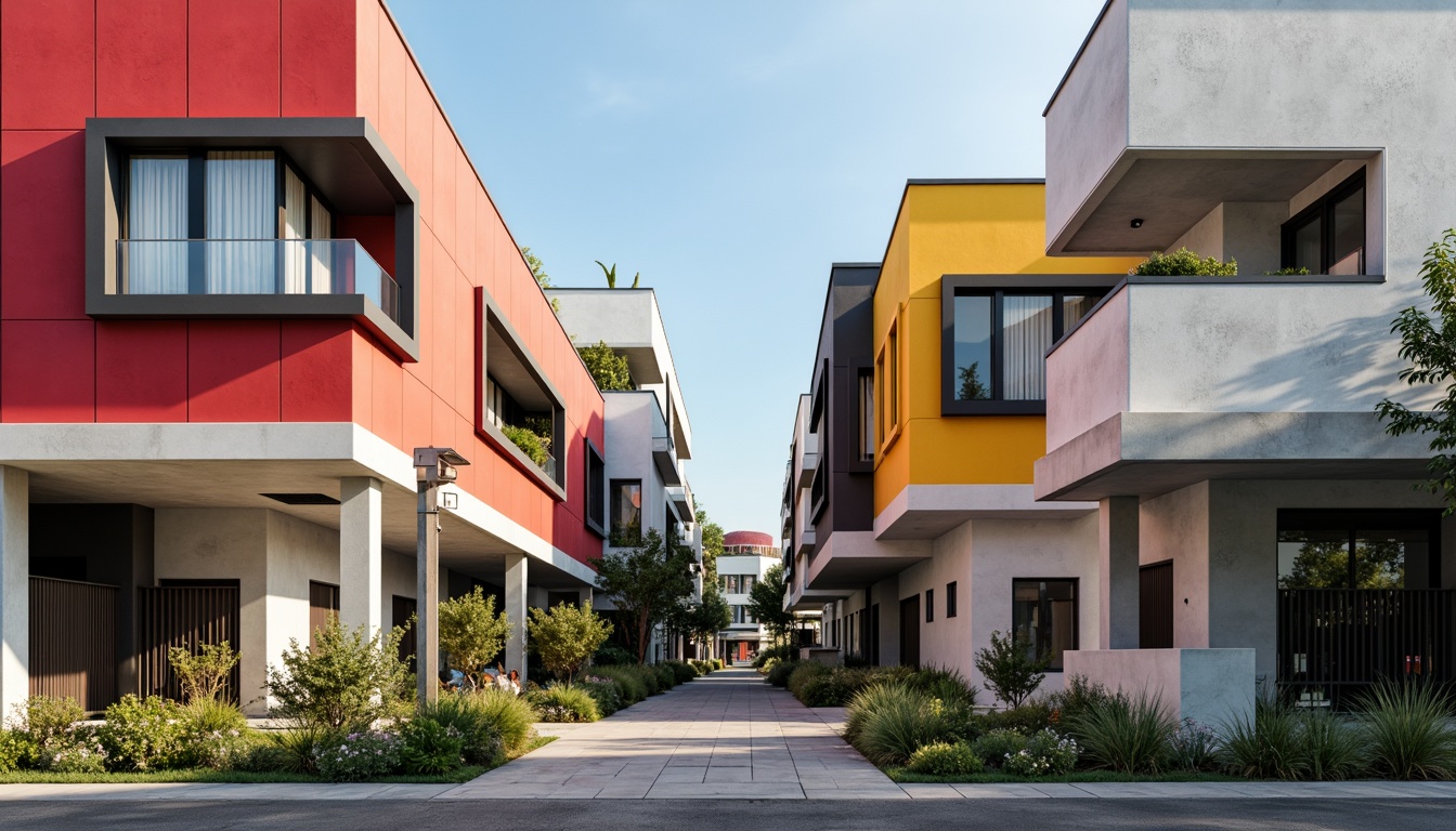 Prompt: Geometric facades, asymmetrical compositions, rectangular windows, industrial materials, raw concrete textures, bold color blocking, functional minimalism, clean lines, rectangular prisms, cantilevered roofs, open floor plans, natural light pouring, dramatic shadows, high-contrast lighting, 1/1 composition, symmetrical framing, abstract patterns, urban cityscape, modernist aesthetic, avant-garde spirit.