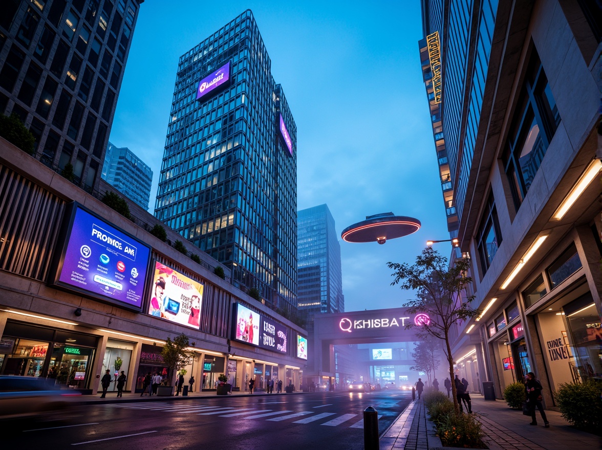 Prompt: Neon-lit skyscrapers, metallic silver accents, iridescent glass facades, holographic advertisements, cyberpunk cityscape, vibrant electric blue hues, neon green highlights, deep purple tones, rose gold details, sleek chrome lines, geometric patterns, futuristic urban landscape, high-tech infrastructure, levitating transportation pods, atmospheric mist, soft glowing ambiance, shallow depth of field, 1/1 composition, cinematic lighting, realistic reflections.