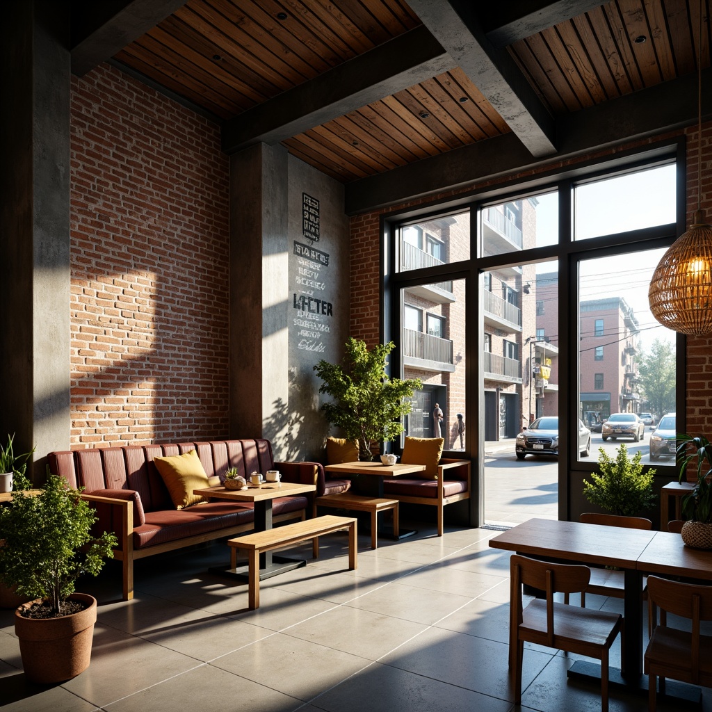 Prompt: Industrial-chic urban coffee shop, exposed brick walls, metal beams, reclaimed wood accents, large glass windows, sliding doors, minimalist signage, modern street art, bustling city streets, morning sunlight, warm cozy lighting, shallow depth of field, 1/2 composition, realistic textures, ambient occlusion.