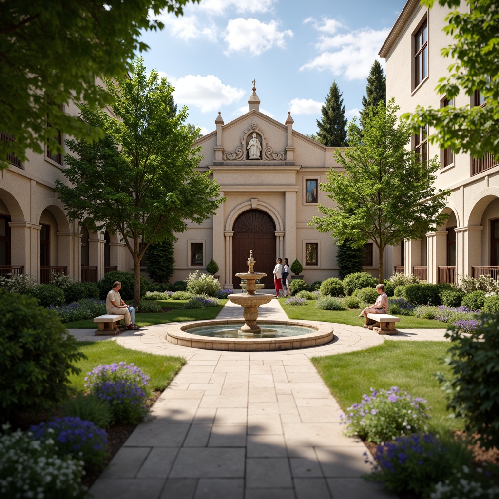 Prompt: \Serene church courtyard, lush greenery, vibrant flowers, ornate fountains, walking paths, benches, classical columns, symmetrical architecture, grand entrance, stone statues, manicured lawns, seasonal blooming plants, sunny day, soft warm lighting, shallow depth of field, 3/4 composition, panoramic view, realistic textures, ambient occlusion.\Let me know if you need any adjustments!