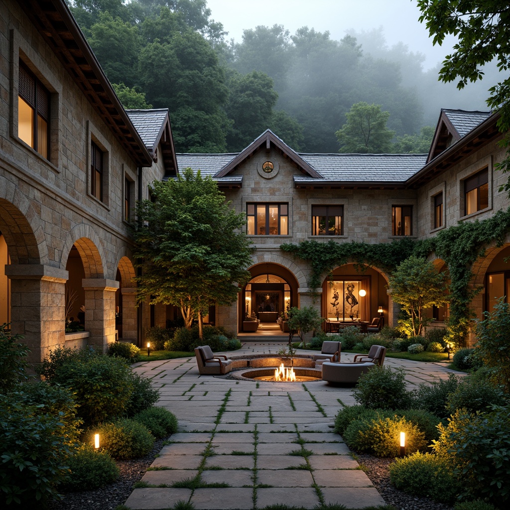 Prompt: Rustic villa, Gothic arches, stone walls, wooden beams, natural slate roofs, earthy tones, moss-covered facades, overgrown vegetation, winding vines, ornate carvings, grand entrance halls, high ceilings, stained glass windows, intricate mosaics, warm candlelight, soft shadows, mysterious ambiance, foggy mornings, misty forests, serene landscapes, 1/1 composition, symmetrical framing, warm color palette, realistic textures, ambient occlusion.