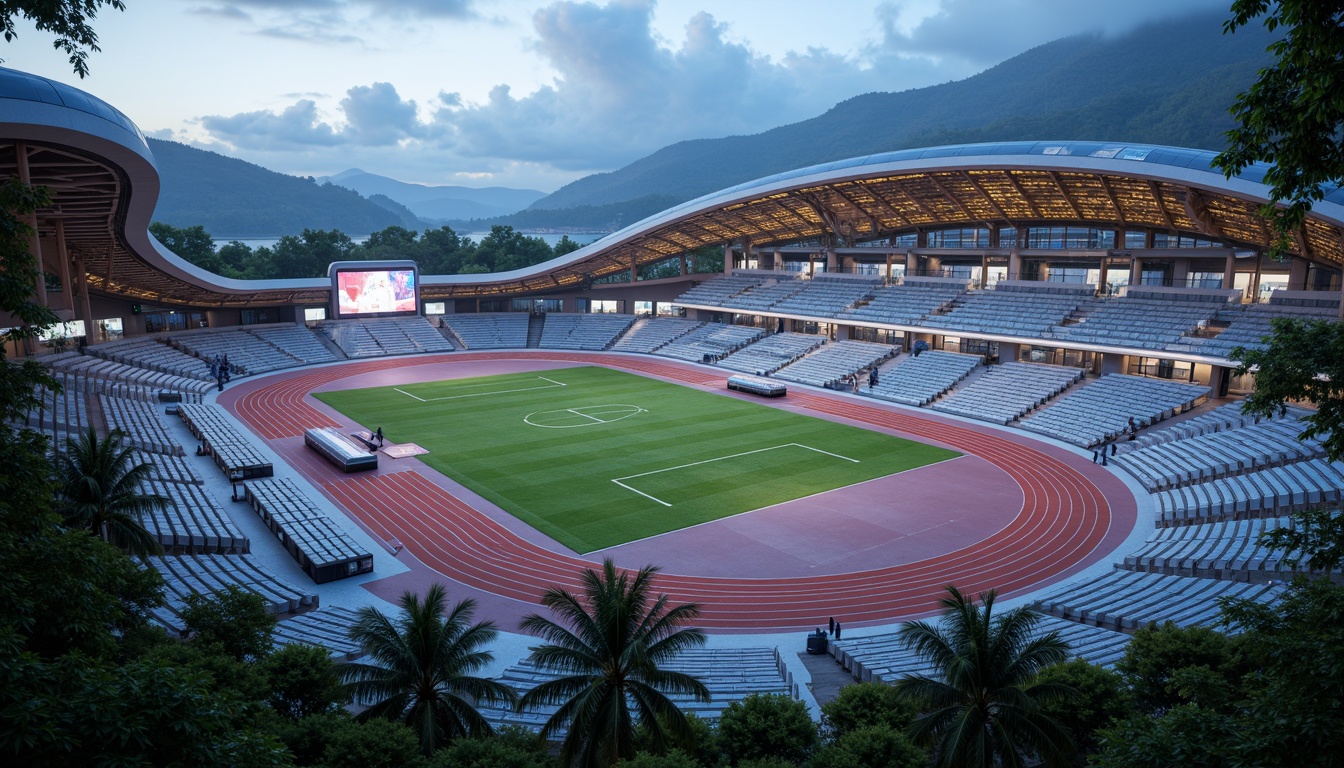 Prompt: Futuristic sports complex, undulating terrain, neon-lit athletic tracks, sleek metallic bleachers, holographic scoreboards, iridescent stadium roofs, glowing accents, vibrant LED lighting, misty atmospheric effects, shallow depth of field, 3/4 composition, panoramic view, realistic textures, ambient occlusion, lush greenery, tropical plants, palm trees, sunny day, warm soft focus, dynamic camera movements.