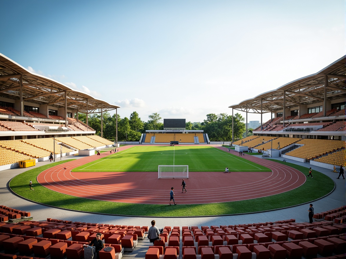 Prompt: Athletic track, lush green grass, vibrant sports equipment, goalposts, scoreboards, spectator stands, modern stadium architecture, curved lines, dynamic shapes, open spaces, natural ventilation, abundant sunlight, soft warm lighting, shallow depth of field, 3/4 composition, panoramic view, realistic textures, ambient occlusion, fluid player movement, efficient circulation paths, clear signage, intuitive wayfinding, accessible amenities, comfortable seating areas.