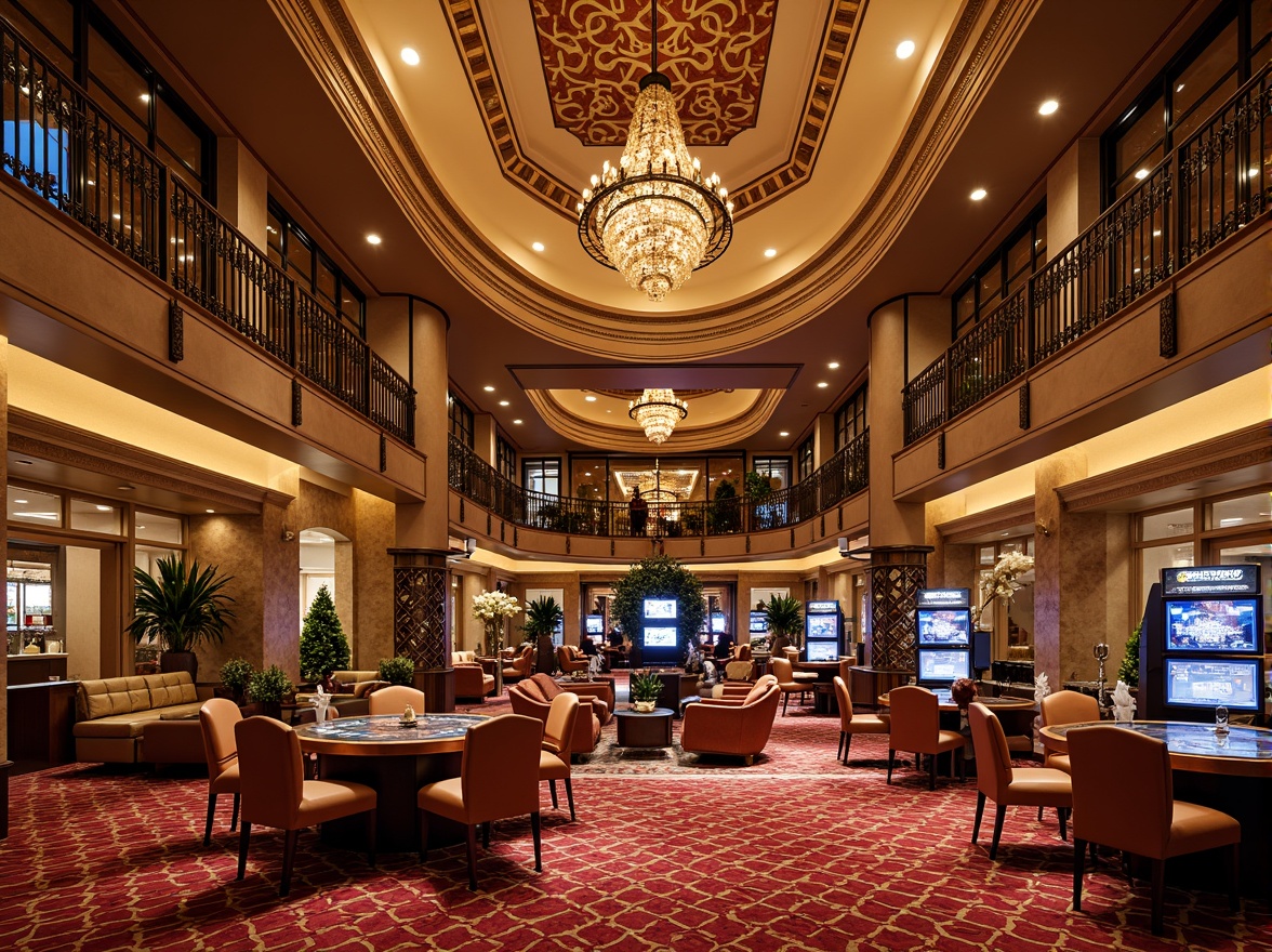 Prompt: Vibrant casino interior, luxurious textiles, bold geometric patterns, rich velvet fabrics, metallic accents, ornate chandeliers, grand staircases, lavish furnishings, opulent decorations, warm golden lighting, shallow depth of field, 1/1 composition, realistic textures, ambient occlusion, regionalist architectural style, curved lines, ornate details, Mediterranean-inspired design, warm earthy tones, rustic stone walls, wooden accents, intricate mosaics.