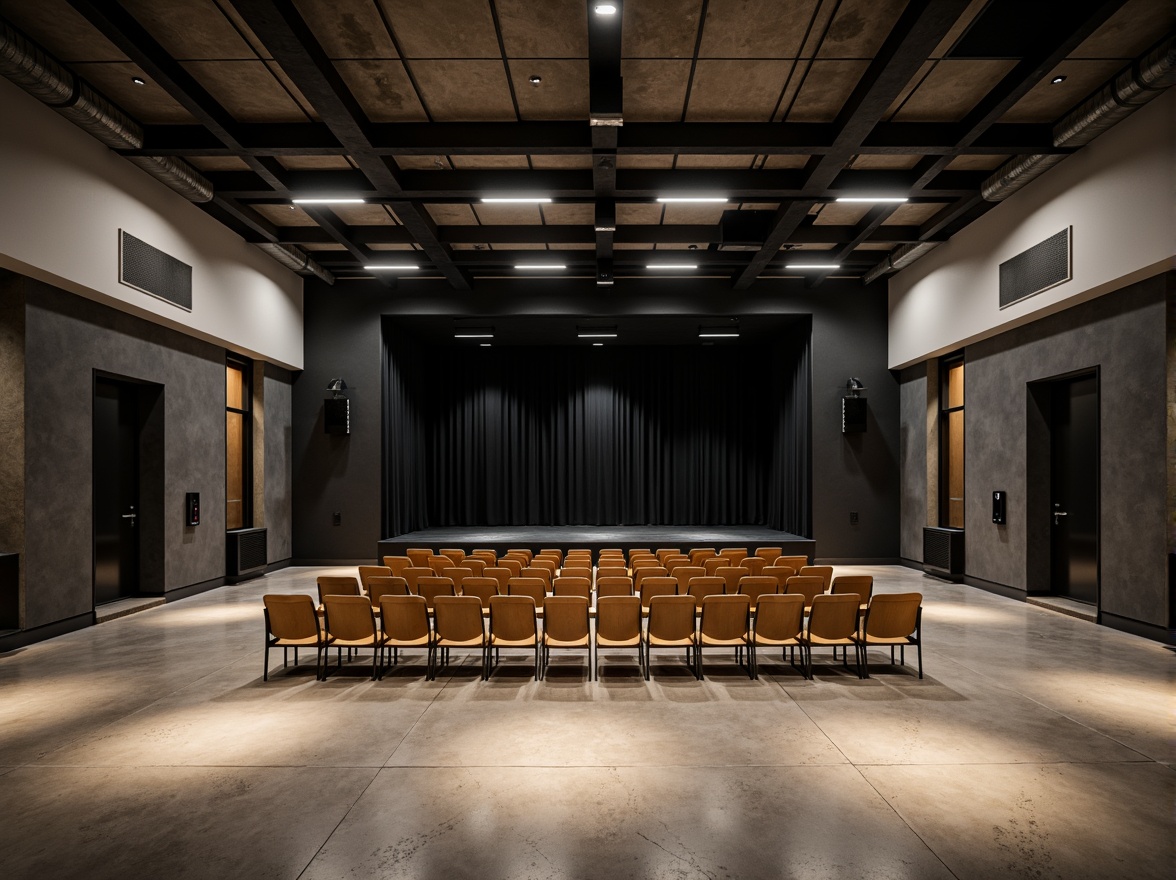 Prompt: Minimalist theater interior, concrete floors, industrial metal beams, exposed ductwork, simple wooden seats, sleek black stage, subtle LED lighting, dramatic spotlights, acoustic panels, sound-absorbing materials, neutral color palette, monochromatic tones, clean lines, minimal ornamentation, functional simplicity, urban loft atmosphere, high ceilings, open space, flexible seating arrangements, movable partitions, versatile performance areas, warm ambient glow, soft shadows, 1/1 composition, realistic textures, subtle reflections.