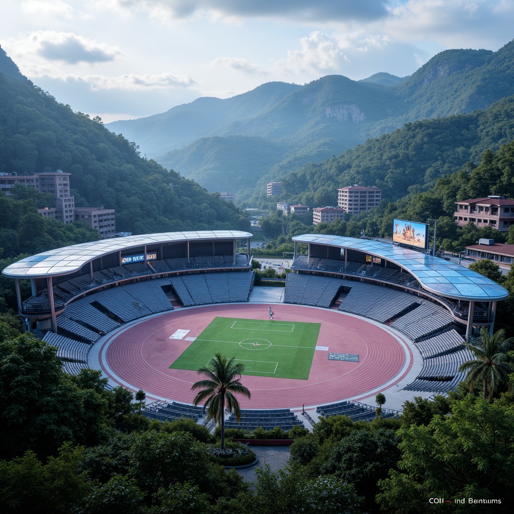 Prompt: Futuristic sports complex, undulating terrain, neon-lit athletic tracks, sleek metallic bleachers, holographic scoreboards, iridescent stadium roofs, glowing accents, vibrant LED lighting, misty atmospheric effects, shallow depth of field, 3/4 composition, panoramic view, realistic textures, ambient occlusion, lush greenery, tropical plants, palm trees, sunny day, warm soft focus, dynamic camera movements.