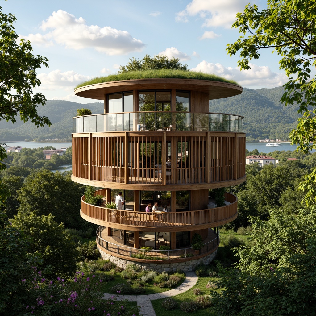 Prompt: Elevated watching tower, harmonious blend with nature, lush greenery, native plants, bird's-eye view, panoramic scenery, wooden decking, rustic railings, earthy tones, natural stone foundation, curved lines, organic shapes, sustainable materials, energy-efficient systems, solar panels, wind turbines, rainwater harvesting, green roofs, living walls, vibrant wildflowers, serene atmosphere, soft warm lighting, shallow depth of field, 3/4 composition, realistic textures, ambient occlusion.