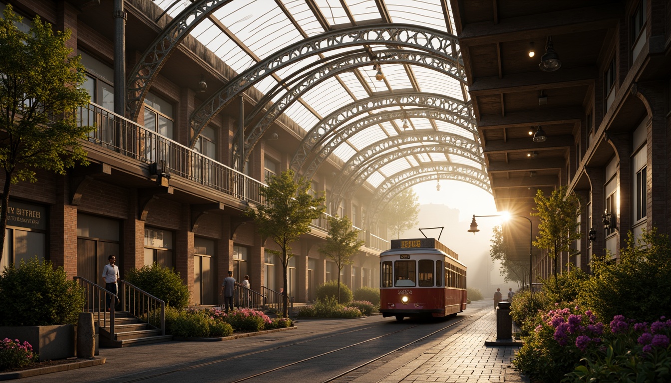 Prompt: Vintage tram station, ornate steel framework, curved arches, filigree details, distressed metal textures, warm golden lighting, soft misty atmosphere, lush greenery, blooming flowers, intricate stonework, grand staircases, elegant chandeliers, nostalgic signage, rusty industrial elements, worn wooden accents, atmospheric fog, shallow depth of field, 1/2 composition, cinematic view, realistic reflections, ambient occlusion.