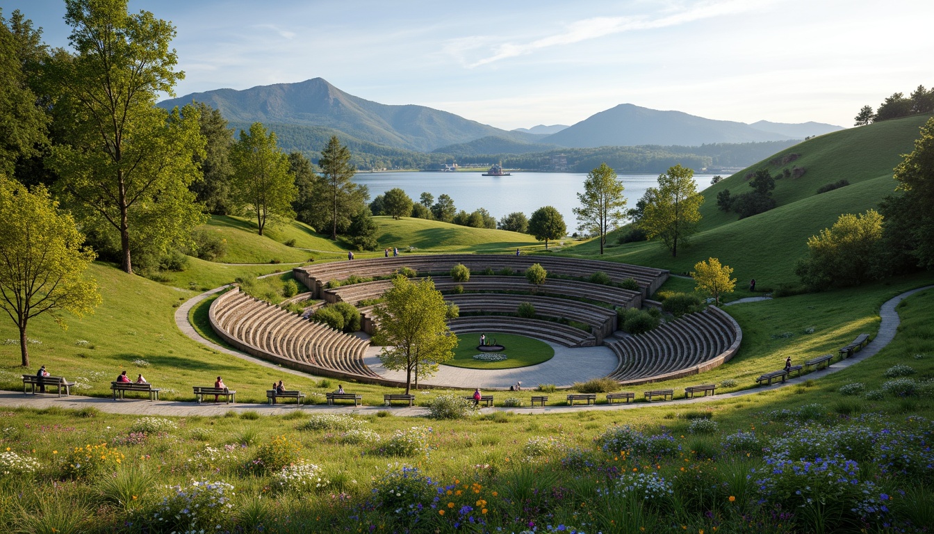 Prompt: Rolling hills, lush greenery, serene lake views, amphitheater structures, tiered seating, natural stone walls, wooden benches, scenic overlooks, walking trails, meandering streams, rustic bridges, vibrant wildflowers, sunny day, soft warm lighting, shallow depth of field, 3/4 composition, panoramic view, realistic textures, ambient occlusion.