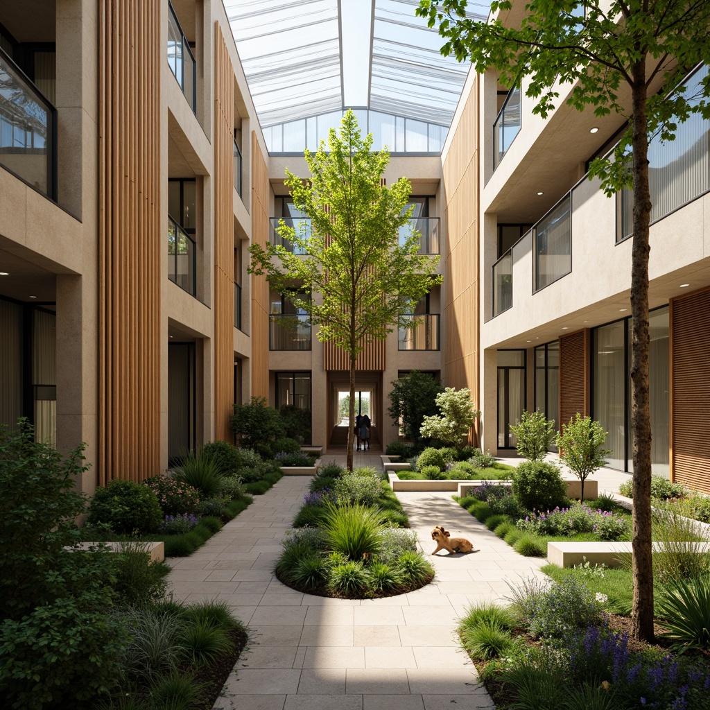 Prompt: Vibrant atrium, lush greenery, natural stone walls, wooden accents, floor-to-ceiling windows, clerestory windows, skylights, open spaces, minimalist decor, warm beige tones, soft diffused lighting, indirect sunlight, ambient shadows, 1/1 composition, shallow depth of field, realistic textures, subtle color palette, serene atmosphere, peaceful ambiance.