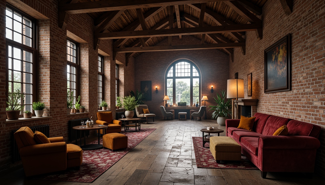 Prompt: Rustic loft interior, exposed brick walls, distressed wooden beams, ornate Gothic arches, textured stone surfaces, rich velvet fabrics, luxurious leather upholstery, intricate metalwork details, warm candlelight, dramatic shadows, atmospheric misting, 1/1 composition, shallow depth of field, realistic textures, ambient occlusion.