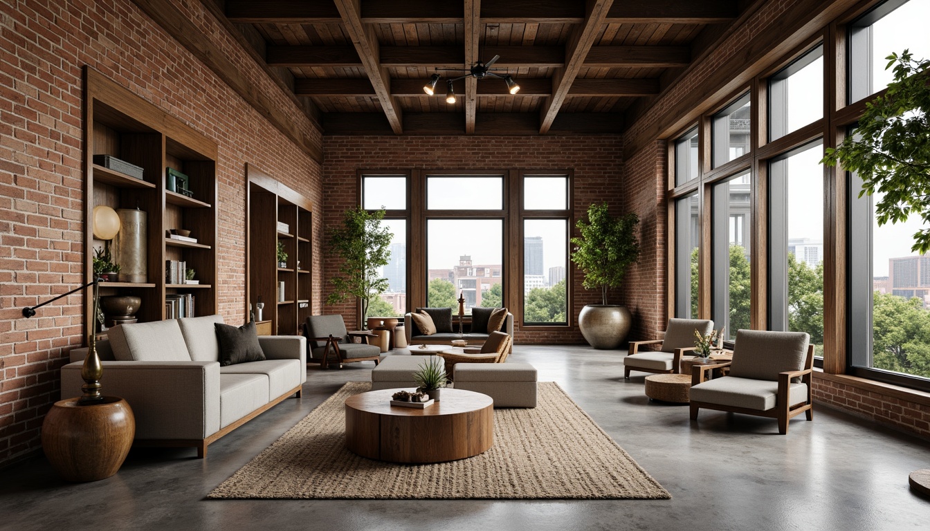 Prompt: Exposed brick walls, reclaimed wood accents, industrial metal beams, earthy tone color palette, organic shapes, curved lines, natural stone flooring, plush greenery, floor-to-ceiling windows, soft warm lighting, cozy atmosphere, minimalist decor, eclectic furniture pieces, vintage decorative items, urban cityscape views, cloudy day, shallow depth of field, 1/1 composition, realistic textures, ambient occlusion.