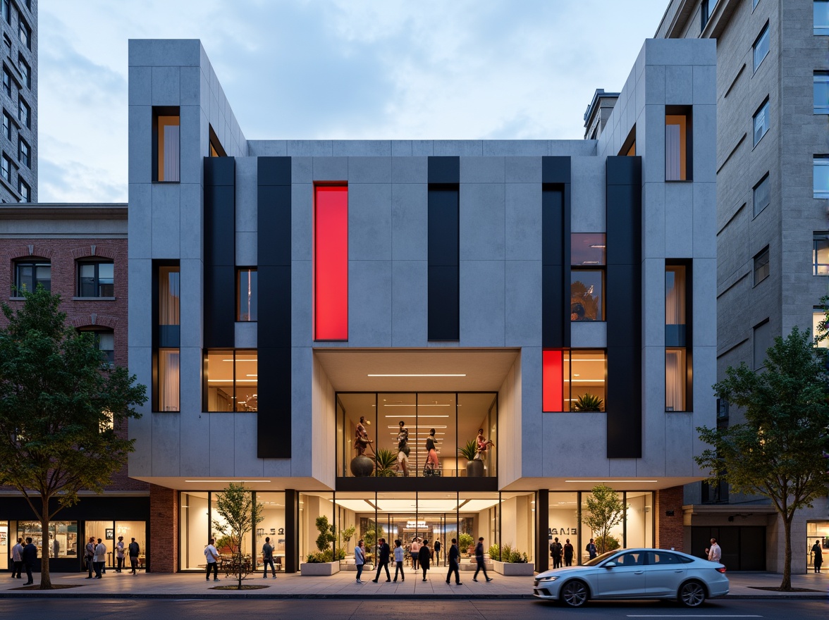 Prompt: Geometric auditorium facade, asymmetrical composition, rectangular forms, industrial materials, exposed concrete walls, steel beams, minimalist ornamentation, functional simplicity, bold color blocking, primary color accents, cantilevered canopies, angular rooflines, large glass windows, transparent doors, urban cityscape, busy street scene, modernist architecture, brutalist influences, abstract sculptures, futuristic lighting fixtures, dramatic spotlights, high-contrast shading, 2/3 composition, cinematic framing, realistic reflections.