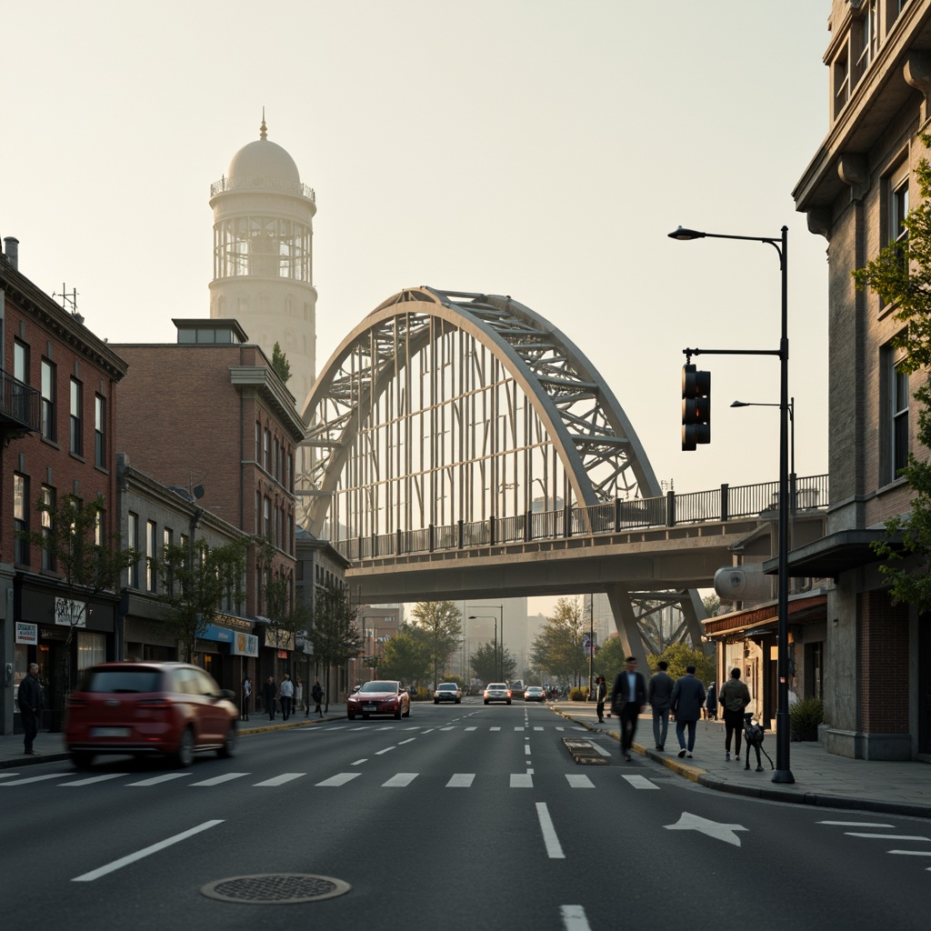 Prompt: Rustic steel bridges, arched structures, suspension cables, reinforced concrete piers, ornate lamp posts, pedestrian walkways, vehicular traffic lanes, urban cityscape, misty morning atmosphere, soft warm lighting, shallow depth of field, 3/4 composition, panoramic view, realistic textures, ambient occlusion.