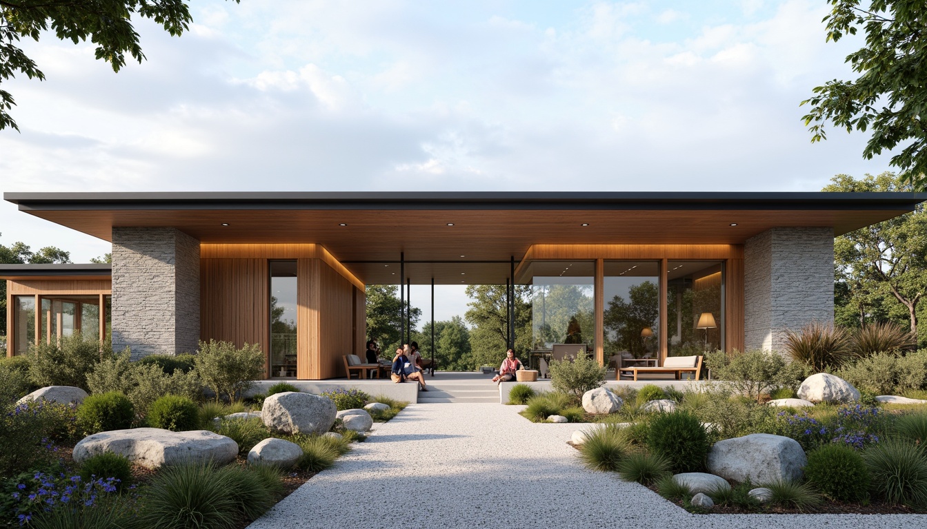 Prompt: Sleek visitor center, minimalist architecture, natural stone walls, large glass windows, sliding doors, open floor plan, low-profile roofs, subtle lighting, native plant species, gravel pathways, weathered wood accents, simple signage, organic shapes, earthy color palette, seamless integration with surroundings, panoramic views, shallow depth of field, 3/4 composition, realistic textures, ambient occlusion.