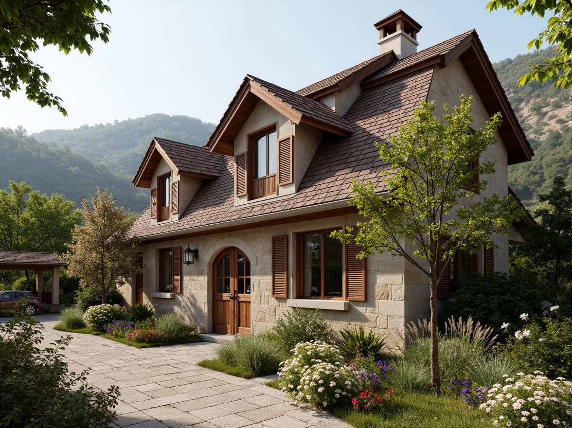 Prompt: Rustic rural cottage, symmetrical facade, ornate wooden doors, arched windows, stone walls, pitched roofs, clay tiles, vintage lanterns, lush greenery, blooming flowers, rolling hills, serene countryside, warm sunny day, soft natural lighting, shallow depth of field, 1/1 composition, realistic textures, ambient occlusion.