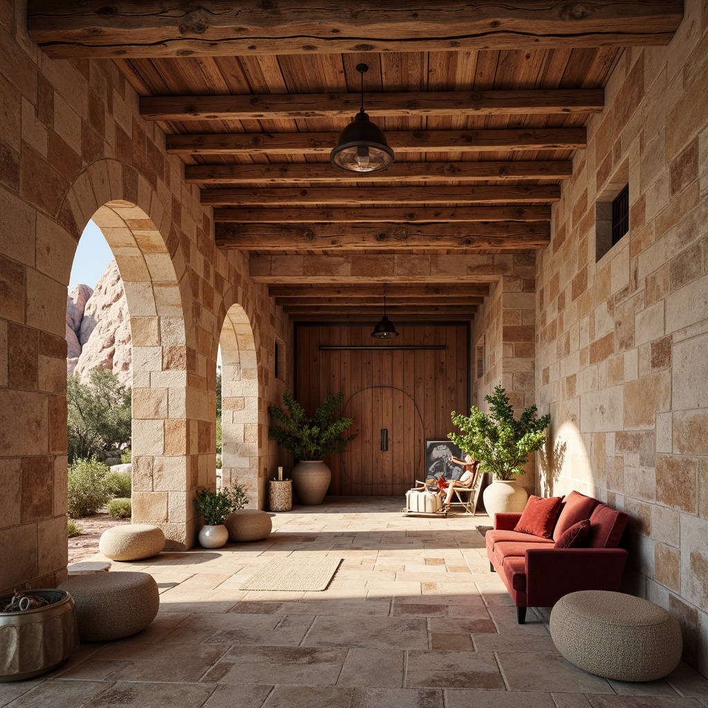 Prompt: Rustic sandstone walls, burgundy accent stones, earthy tones, natural textures, rugged landscape, desert flora, warm sunny day, soft diffused lighting, shallow depth of field, 1/2 composition, realistic rock formations, ambient occlusion, intricate stone carvings, ornate metal details, luxurious velvet fabrics, rich wood furnishings, cozy intimate spaces, dramatic archways, grand entrance halls.