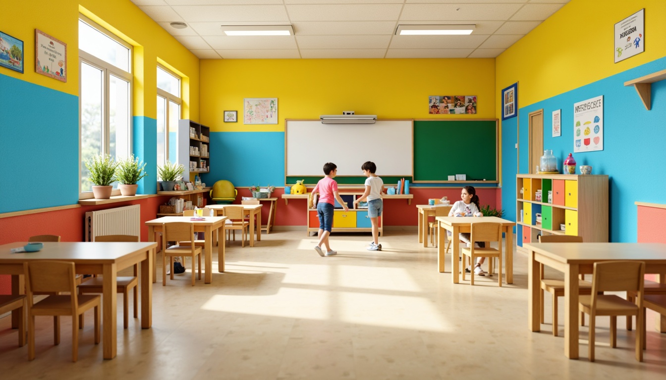 Prompt: Vibrant elementary school, playful kindergarten, bright yellow walls, sky blue accents, green chalkboard, wooden desks, colorful lockers, educational posters, natural light, open classrooms, modern furniture, ergonomic chairs, collaborative learning spaces, interactive whiteboards, stimulating color scheme, warm beige floors, soft pastel shades, calming atmosphere, shallow depth of field, 1/1 composition, realistic textures, ambient occlusion.