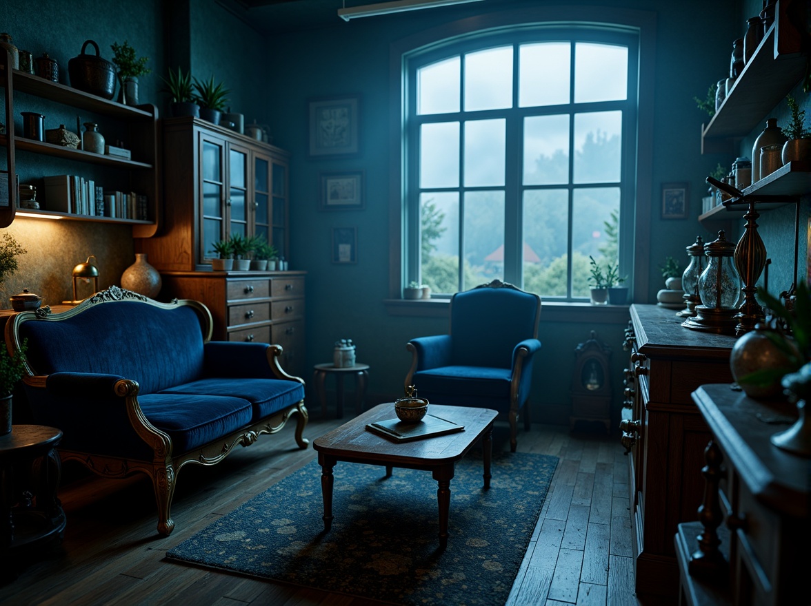 Prompt: Dark mysterious atmosphere, Prussian blue dominant color scheme, rich velvet fabrics, ornate gold accents, antique furniture pieces, vintage scientific instruments, dimly lit laboratory setting, foggy misty background, eerie ambient lighting, shallow depth of field, 1/1 composition, realistic textures, subtle grain effect.