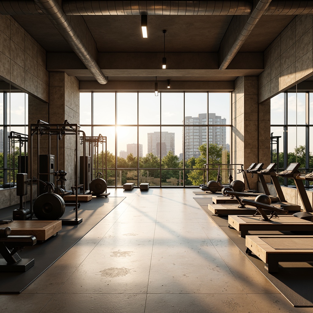 Prompt: Modern fitness studio, large windows, natural stone walls, wooden floors, mirrored surfaces, professional gym equipment, free weights, cardio machines, yoga mats, calm atmosphere, soft warm lighting, shallow depth of field, 3/4 composition, panoramic view, realistic textures, ambient occlusion, urban cityscape, morning sunlight, greenery views, minimalist decor, industrial chic style, exposed ductwork, polished concrete floors.