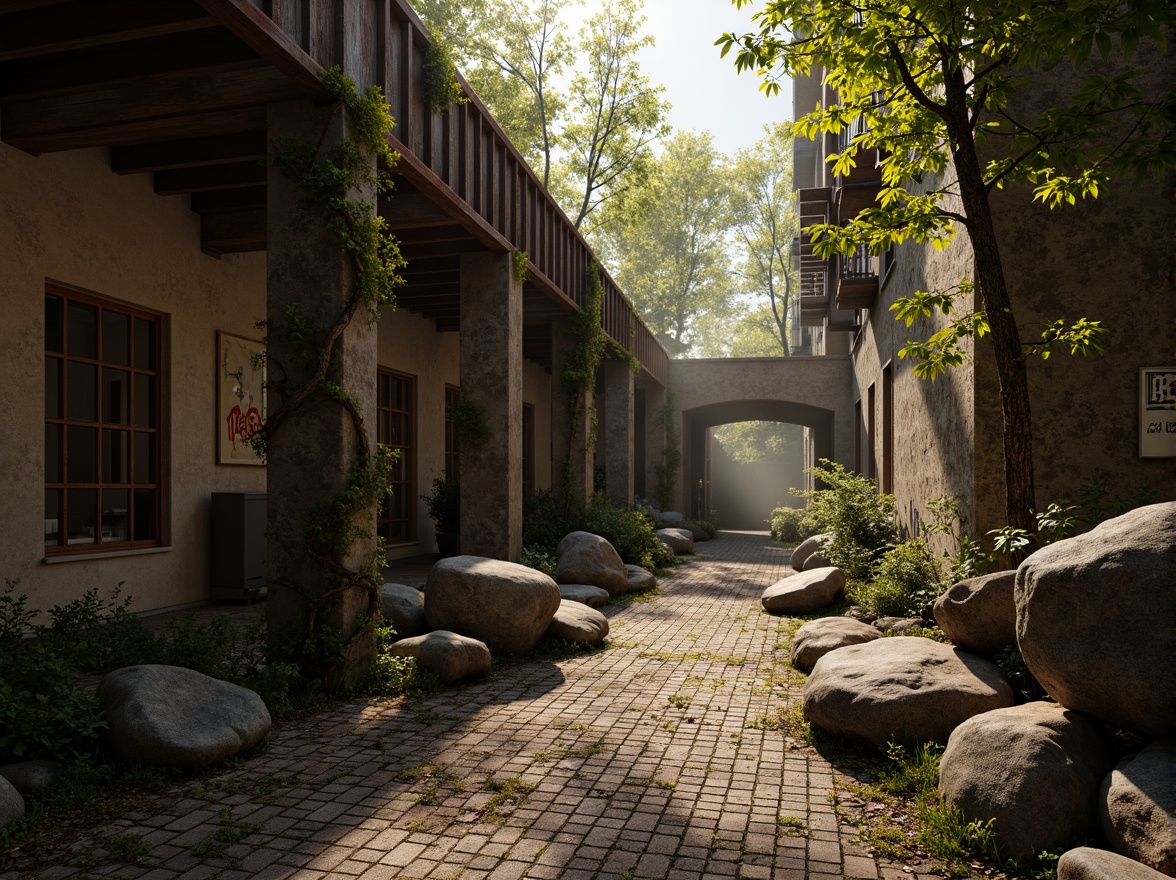 Prompt: Rugged rocky terrain, weathered stone walls, moss-covered boulders, ancient tree roots, twisted metal beams, distressed wooden planks, worn brick pathways, faded graffiti, urban cityscape, misty atmospheric perspective, warm golden lighting, high contrast ratio, shallow depth of field, 2/3 composition, cinematic camera angle, realistic normal mapping, ambient occlusion.