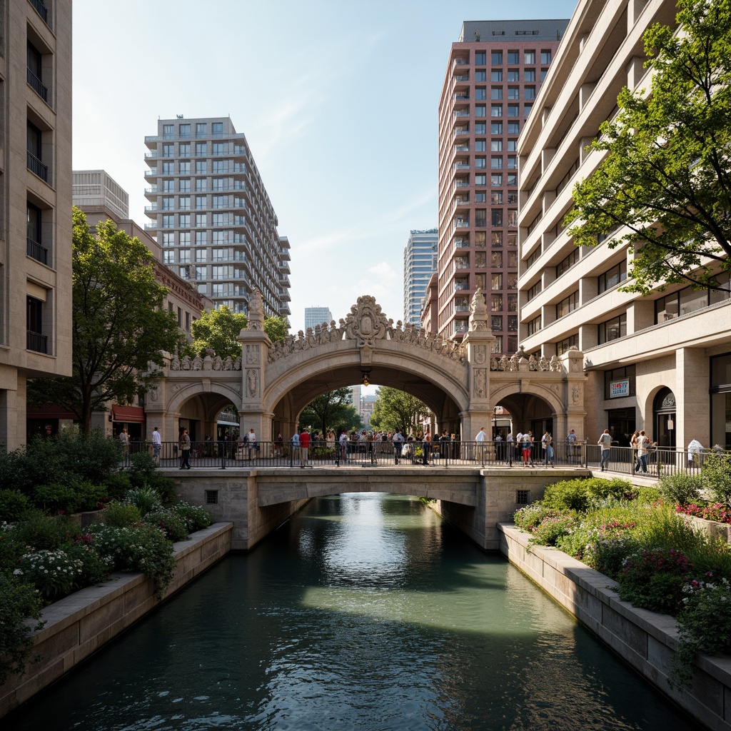 Prompt: Grandiose Baroque-style bridge, ornate stone carvings, sweeping arches, majestic pillars, intricate ironwork, vibrant urban landscape, bustling city streets, modern skyscrapers, eclectic architectural fusion, lush greenery, tranquil water features, soft warm lighting, shallow depth of field, 3/4 composition, panoramic view, realistic textures, ambient occlusion.