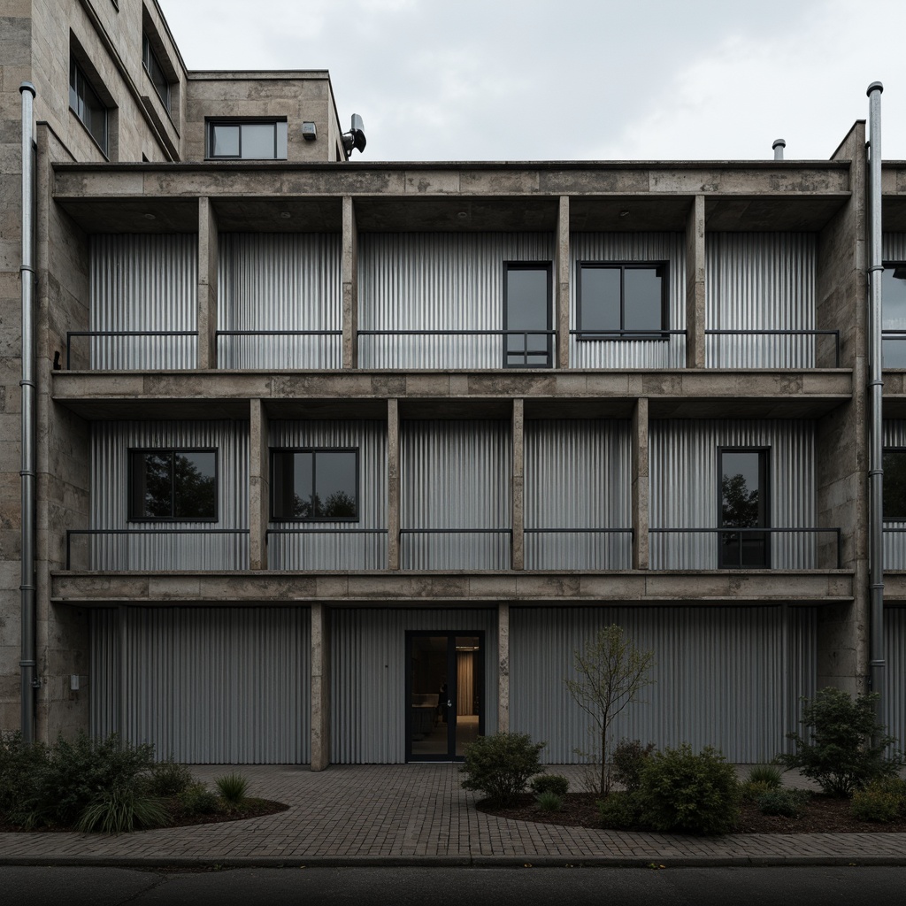 Prompt: Rugged industrial facade, exposed steel beams, raw concrete walls, corrugated metal cladding, functional pipes, minimalist windows, brutalist architecture, urban landscape, overcast sky, dramatic shadows, high-contrast lighting, 1/2 composition, symmetrical framing, gritty textures, ambient occlusion.