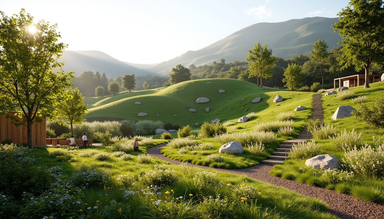 Prompt: Rolling hills, lush green grass, wildflowers, meandering pathways, rustic wooden fences, natural stone benches, serene atmosphere, warm sunlight, soft breeze, gentle slopes, native plant species, organic mulch, decorative boulders, meadow-inspired design, asymmetrical composition, shallow depth of field, 1/2 camera angle, realistic textures, ambient occlusion.